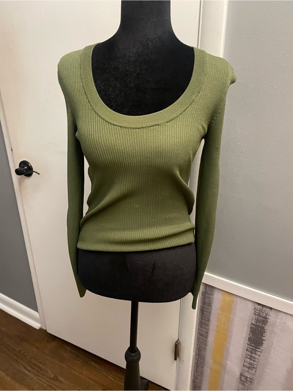 Zara Olive Green Ribbed Scoop Neck Long Sleeve Sweater